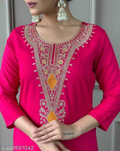 Women's Cotton Silk Zari Embroidered Kurta Pant & Dupatta Set