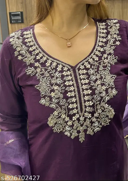 Women's Cotton Silk Beads Embroidered Ethnic Kurta Pant & Dupatta Set