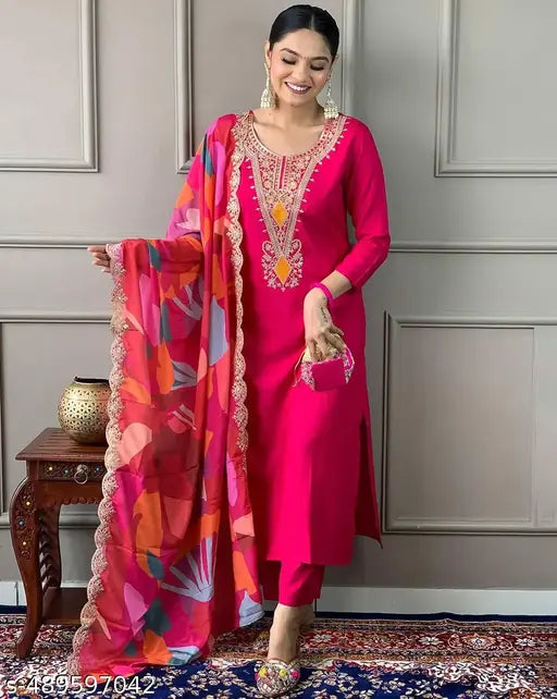 Women's Cotton Silk Zari Embroidered Kurta Pant & Dupatta Set
